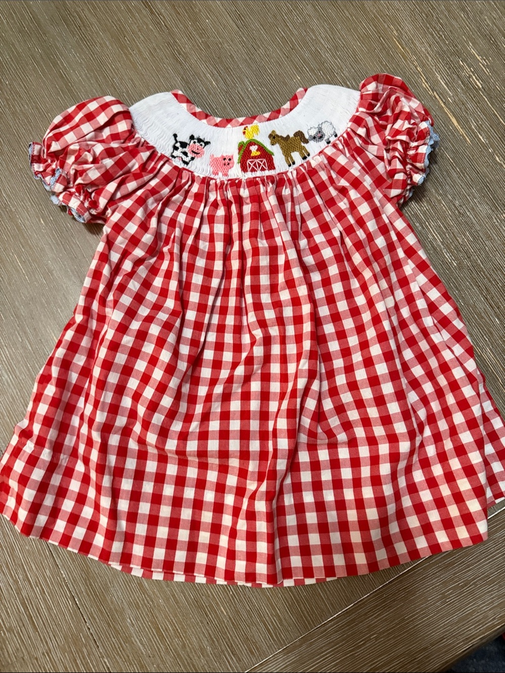 Red Gingham Smocked Farm Animal Dress for Girls